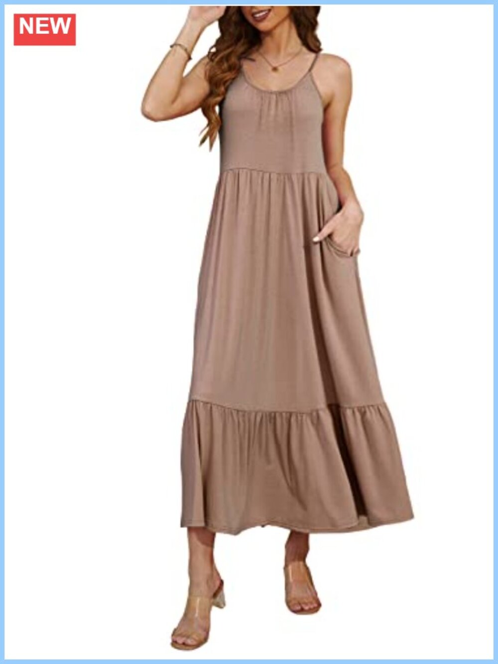 Sleeveless Maxi Dress Spaghetti Strap Tiered Flow Swing Casual Summer Pockets